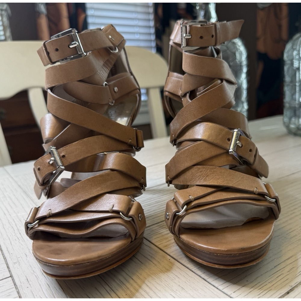 Michael Kors 4.5" Heel Sandals 9M Brown Leather Cross Strap Leonia Buckle Shoe - Picture 3 of 12
